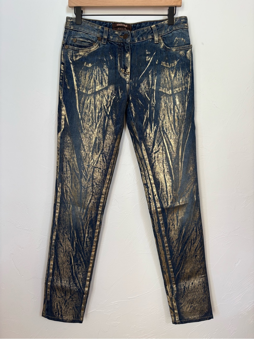 Roberto Cavalli Gold Foil Coated Skinny Jeans Vintage Size 42